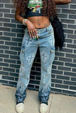 namcoverse Cross Print Classic Pocket Washed Straight Jeans