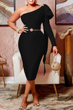 namcoverse Solid Color One Shoulder Bowknot Elegant Bodycon Midi Dress