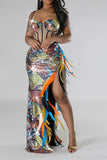 namcoverse Floral Print Sequined Hot Feather Trim High Split Maxi Dress