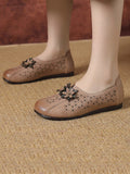 namcoverse Women Vintage Leather Flower Cutout Flat Shoes KL1034