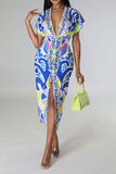 namcoverse Tribal Print Feminine Draped High Split Midi Dress