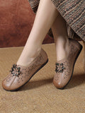 namcoverse Women Vintage Leather Flower Cutout Flat Shoes KL1034