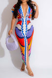 namcoverse Tribal Print Feminine Draped High Split Midi Dress