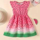 Girls Sweet Watermelon Print Ruffle Sleeve A-line Dress - Playful Vacation Casual Wear, Perfect Summer Gift for Little Fashionistas