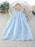 100% Cotton Elegant Girls Sling Dress with Hollow-Out Embroidered Lace-up Straps, Regular Fit, Solid Color, Non-Stretch Fabric, Perfect for Summer