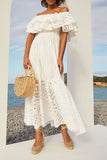 namcoverse Floral Embroidery Hollow-Out Pretty Double Ruffle Off Shoulder Maxi Dress