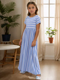 Girls Striped Maxi Dress - Short Sleeve, Loose & Comfortable - Versatile Casual Style for Everyday Wear