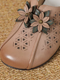 namcoverse Women Vintage Leather Flower Cutout Flat Shoes KL1034