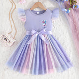 Girls Dreamy Cartoon Unicorn Print Flutter Trim Gradient Tutu Dress - Soft Slight Stretch Polyester Material, Belted Mesh Design, Regular Fit, Cute Style, Perfect for Summer Party Gift