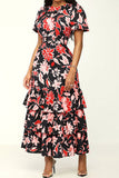 namcoverse Floral Print Glamorous Belted Tiered Midi Dress