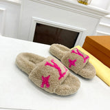 Wool integrated women slippers with soft plush open toe fur slippers fuzzy and fluffy home shoes indoor outdoor slippers