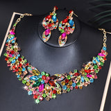 Retro Colorful Flower Crystal Chunky Necklace & Earrings Bridal Set Accessories Wedding Party Jewelry Set