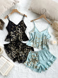 2 Sets Luxurious Floral Print Satin Pajama Set - Elegant V Neck & Backless Crop Cami Top with Flirty Ruffle Hem Shorts - Feminine Womens Sleepwear for Dreamy Nights