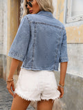 Plain Washed Blue Raw Hem Half Sleeve Button Up Denim Top, Women's Denim Jeans & Clothing