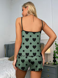 Womens Casual Heart Print Pajama Set - Soft Micro Elastic Polyester Fabric, Crew Neck Backless Cami Top, Elastic Shorts, Frill Details, Machine Washable, Flame Resistant, All-Season Sleepwear & Loungewear