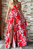 namcoverse Floral Print Sweet V Neck High Split Maxi Dress