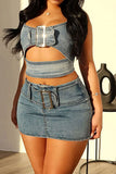 namcoverse Washed Denim Hot Buckled Design Cutout Skirt Suit