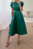 namcoverse Solid Color Puff Sleeve Girly A-Line Midi Dress