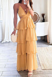 namcoverse Solid Color Sweet Cutout Tiered Maxi Dress