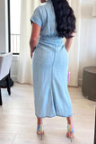 namcoverse Solid Color Single Breasted On-trend Tie Front Ruched Denim Midi Dress