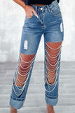 namcoverse Ripped Cool Rhinestone Chain Decor Jeans