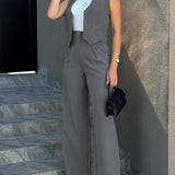 Timeless Elegance: Chic Button Vest & Wide-Leg Pants - Women's Solid Two-Piece Set, Durable & Easy-Care for All Seasons