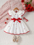 Adorable Girls Strawberry Pattern Sleeveless Doll Collar Ruffle Hem Dress with Belt - Casual Summer Outfit for Machine Washable Woven Fabric - Easy Care and Regular Fit