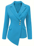 Solid Color Open Front Blazer, Casual Lapel Neck Button Long Sleeve Asymmetrical Hem Blazer For Every Day, Women's Clothing