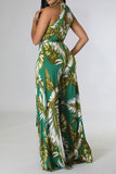 namcoverse Leaf Print Elegant Belted Wide Leg Jumpsuit
