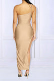 namcoverse Solid Color One Shoulder Lace-Up Chic Ruched High Split Midi Dress