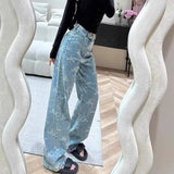 Women high waist logo letters print designer denim jeans long pants trousers SMLXL