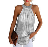 NAMCOVERSE Cross-Border EBay  European and American Women's Clothing Double Silver Halter Zipper Sleeveless T-shirt Casual Top