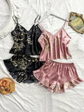 2 Sets Luxurious Floral Print Satin Pajama Set - Elegant V Neck & Backless Crop Cami Top with Flirty Ruffle Hem Shorts - Feminine Womens Sleepwear for Dreamy Nights