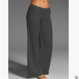 New Cross-Border European and American  Women's High Waist Wide Leg Pants Big Leg Flared Pocket Cotton Linen Casual Pants Women