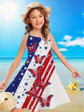 Girls Comfy Flag & Butterflies Print A-line Cami Dress - Soft Slight Stretch Polyester Fabric, Machine Washable, Regular Fit, Perfect for Spring/Summer Holiday Beach Casual Wear