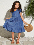 Kids Cooltwn Tween Girls' Everyday Casual Loose Fit Denim-Look V-Neck Short Sleeve Dress