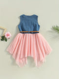 Toddler Girls Summer Patchwork Fashion Dress Sleeveless Round Neck Button Mesh Denim Dress with Belt