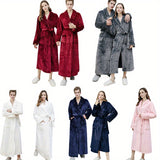 Super Soft Flannel Long Bathrobe for Couples - Contemporary Space-Themed Cozy Loungewear, Knit Fabric Polyester, Warm Plush Bath Pajama Robe, 300gsm