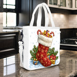 New Casual Christmas Shoulder Bag: Sock and Mistletoe Printed Canvas Crossbody Handbag for Office and Commuter Use