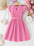 Elegant Tie Waist A-line Solid Color Dress For Girls, Comfy Fit Party Holiday Dresses, Girls Clothing Gift