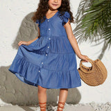 Kids Cooltwn Tween Girls' Everyday Casual Loose Fit Denim-Look V-Neck Short Sleeve Dress