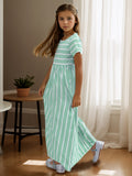 Girls Striped Maxi Dress - Short Sleeve, Loose & Comfortable - Versatile Casual Style for Everyday Wear