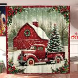 OpenJIT 1/4pcs Christmas Winter Tree Truck House Holly Farmerhouse Red Shower Curtain Set Waterproof Polyester Washable Shower Curtain for Xmas Bathroom or Shower Decor with 12 Hooks Non-slip Bath Mat U-shape Toilet Lid Cover Mat, Christmas Decorations