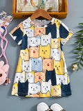 Adorable Cartoon Cat Sleeveless Tunic Dress for Girls - Soft Polyester Knit Fabric, Geometric Pattern, Regular Fit, Slight Stretch, Perfect for Summer Holidays