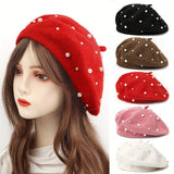 Stylish Pearl Embellished Beret Hat - Soft, Lightweight, Warm, and Elegant Solid Color Painter Cap for Women's Daily Use in Autumn and Winter - Perfect for Casual Outings and Formal Events