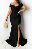 namcoverse Solid Color Off Shoulder Luxe Split Fishtail Maxi Dress