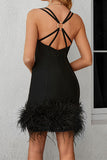 namcoverse Solid Color Elegant Feather Patchwork Mini Dress