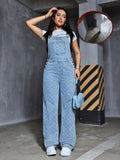 Women's Fashion Denim Overalls With Heart & Argyle Pattern, Comfortable Preppy Style, Versatile Washed Jean Jumpsuit With Pockets for autumn