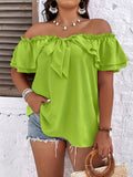 Plus Size Off Shoulder Blouse - Delicate Ruffle Trim Accent, Exquisite Elegant Bow Front Design, Comfortable Short Sleeve Style - Perfect for Spring and Summer Seasons, Womens Fashion Clothing for a Stylish Look