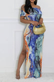 namcoverse Watercolor Print Off Shoulder Flattering Side Slit Midi Dress